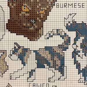 May include: Cross stitch pattern for a Burmese cat and a calico cat. The pattern includes a grid with symbols for each colour of thread.