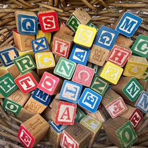 May include: A collection of wooden alphabet blocks in a woven basket. The blocks are painted with various letters in red, blue, green, and yellow. The basket is made of brown wicker.