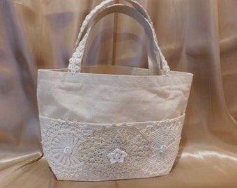 Vintage chenille tote bag doily and lace purse