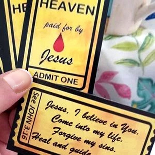 100 TICKET to HEAVEN 2-sided prayer cards - Gold/Black glossy!