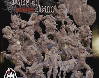 Op de afbeelding: Een verzameling onbeschilderde miniatuurfiguren die fantasiekarakters en -wezens uitbeelden. De figuren staan in dynamische poses, met gedetailleerde bepantsering en wapens. De afbeelding bevat de tekst "Dark Elf Corvus Team" en een logo.