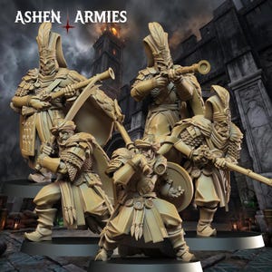 May include: A set of five beige miniature soldier figurines from Ashen Armies, each wearing ornate turbans, layered armour, and robes. The figures are posed in dynamic combat stances, holding long muskets and swords, standing on circular black bases.