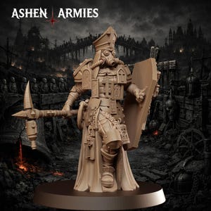 以下が含まれることがあります： 「Ashen Armies」のキャラクターのタン色のミニチュアフィギュア。ガスマスク、宗教的な衣装、つるはしを身につけている。フィギュアはシールドを持ち、丸い台座の上に立っている。背景は暗いゴシック様式の風景。