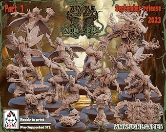 May include: A collection of detailed, brown-toned fantasy figurines, including elves and tree-like creatures, arranged on circular bases. The image includes text that reads "Part 1", "September release 2023", and "Ready to print". The website address www.ugni.games is also visible.