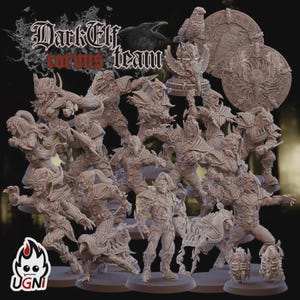 Puede incluir: Colección de figuras en miniatura de color beige detalladas, que representan guerreros y criaturas de fantasía. Las figuras están dispuestas en una exhibición dinámica, algunas posando en acción. El texto "Dark Elf Corvus Team" es visible en la parte superior, junto con una ilustración de cuervo.