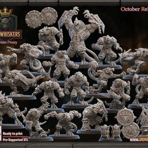 May include: A selection of grey Ratmen Proxy miniatures, ready to print, in various poses and with accessories. The image includes the "Ironwhiskers" logo, the text "October Release 2025", and the UGN logo. These miniatures are designed for tabletop gaming.