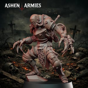 May include: A detailed figurine of a mechanical warrior with the text "ASHEN ARMIES" at the top. The figure is in a battle stance, with claw-like hands and a helmet. The color is a muted brown, with chains and tubes adding detail. The background shows a war scene.