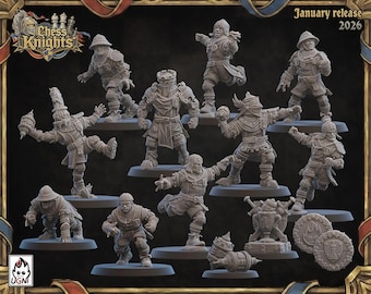 Op de afbeelding: Een verzameling miniatuurfiguren, waarschijnlijk voor tabletop-spellen, met middeleeuwse ridderontwerpen. De figuren staan in verschillende actieposes en zijn op ronde bases gemonteerd. De afbeelding bevat de tekst "Chess Knights" en "January release 2026".