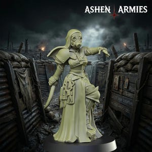 May include: A figurine of a female figure in a gas mask and armor, holding a blade. The figure is in a trench setting, with the words "ASHEN ARMIES" at the top. The figure is wearing a long robe and has a utility belt.