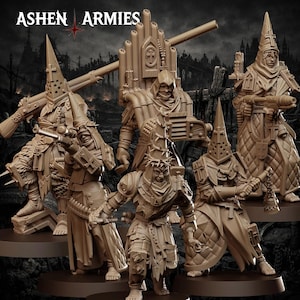 Könnte beinhalten: Eine Sammlung detaillierter, hellbrauner Miniaturfiguren, die jeweils eine Figur in aufwendiger Rüstung und Kopfbedeckung darstellen. Die Figuren sind mit Waffen und Zubehör posiert, und der Text "ASHEN ARMIES" wird oben angezeigt.
