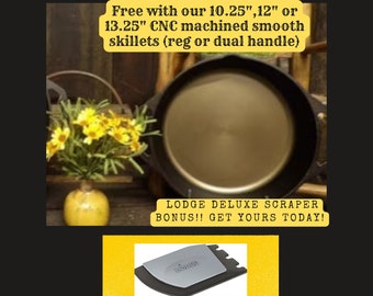 10.25" Dual Handle CNC Machined Smooth Cast Iron Skillet(free Lodge deluxe scraper with this item)