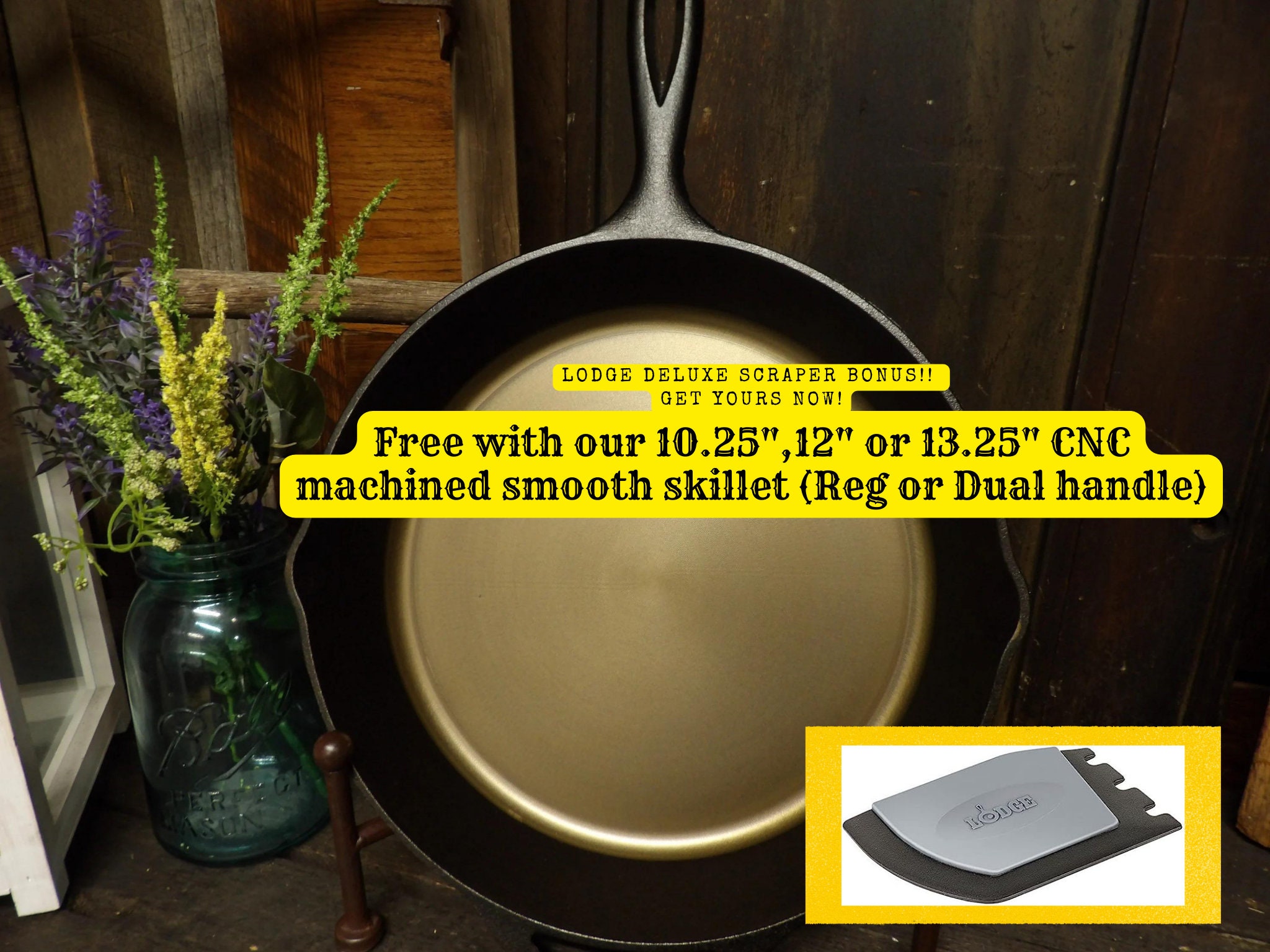 Cast Iron Skillet with Glass Lid - 10-Inch Dual Handle Frying Pan + Pan  Scraper