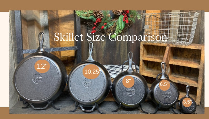 May include: A size comparison of five cast iron skillets. The skillets are arranged from largest to smallest, with the largest skillet measuring 12 inches in diameter and the smallest skillet measuring 3.5 inches in diameter. The skillets are all black and have a rustic look.
