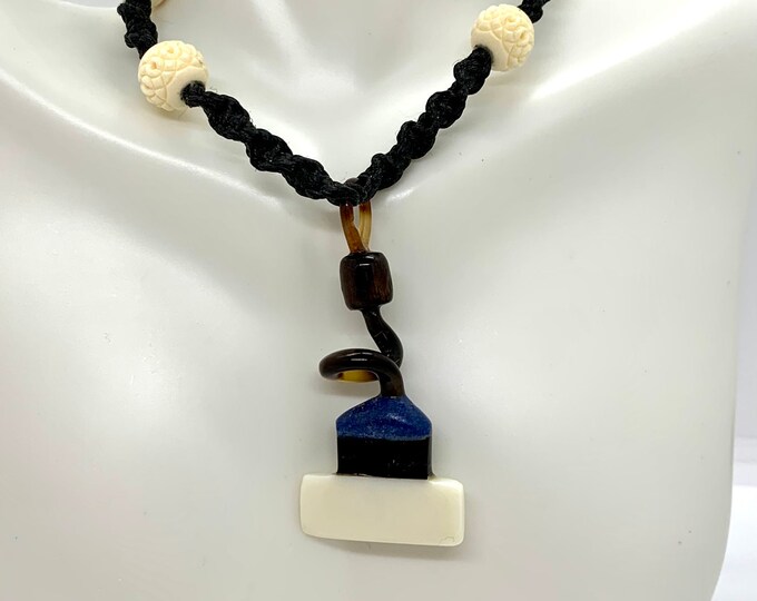 Carved Bone, Tortoise Shell & Black Coral Macrame Necklace