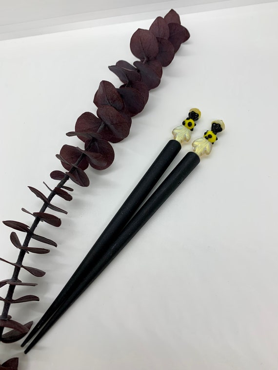 Vintage, Lamp-worked Glass and Painted Teak Wood Hair Sticks