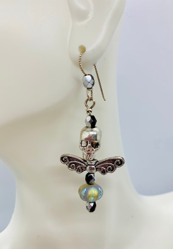 Sterling Silver Skelefairy Earrings: Labradorite Crystal Whimsy