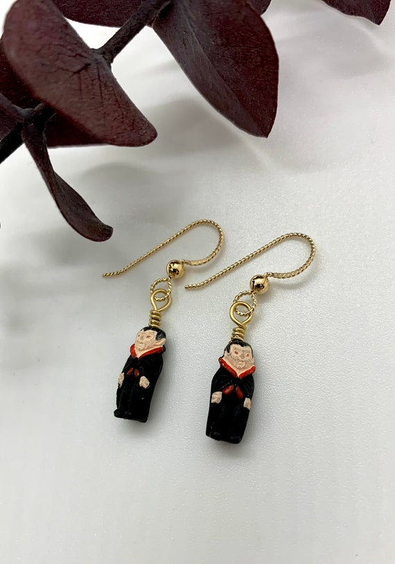 Hand Painted Dracula Clay Earrings: Spooky Halloween Jewelry