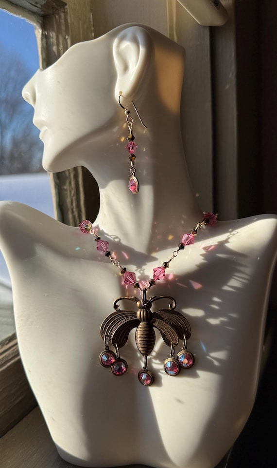 Pink Crystal Butterfly Jewelry Set | 14k Gold Filled Necklace & Earrings