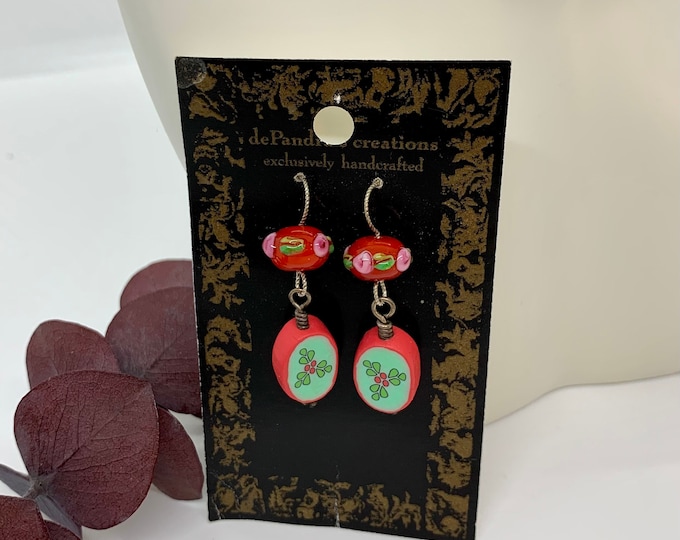 Holly Berry Fimo Clay & Lampworked Glass Earrings