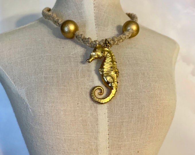 Gold Plated Painted Seahorse Hemp Macrame Necklace