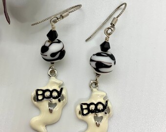 Casper Ghost Dangle Earrings: Sterling Silver, Crystal Halloween Jewelry