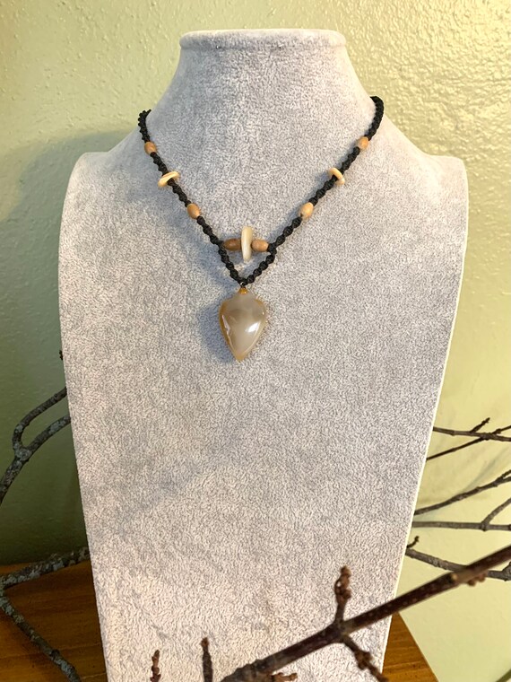 Bloodstone Agate, Olivewood & Japanese Flower Bead Macrame Necklace