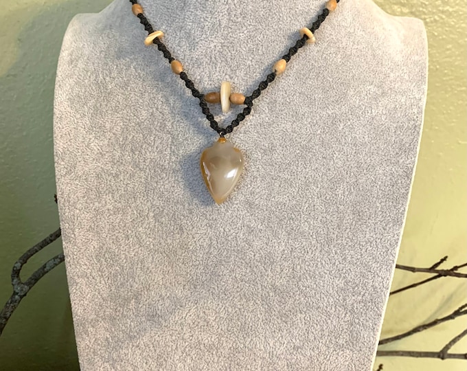 Bloodstone Agate, Olivewood & Japanese Flower Bead Macrame Necklace