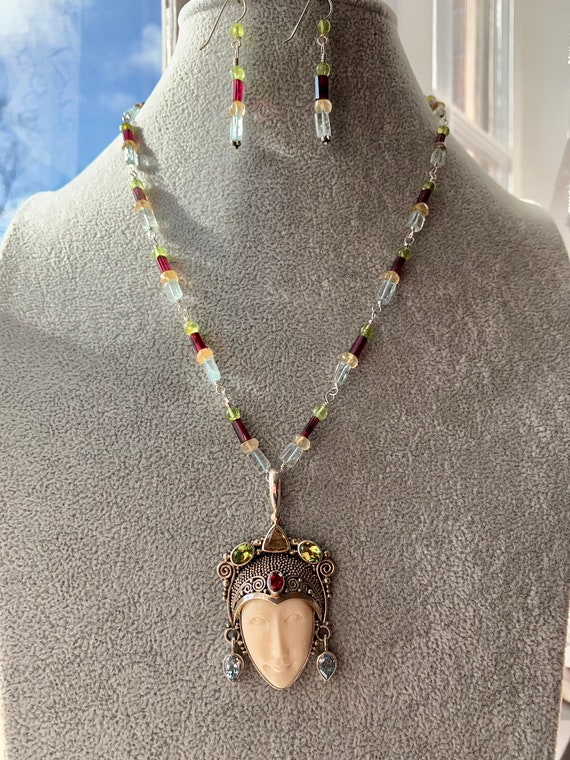 Goddess Carved Bone, Peridot, Garnet, Aquamarine & Citrine Set