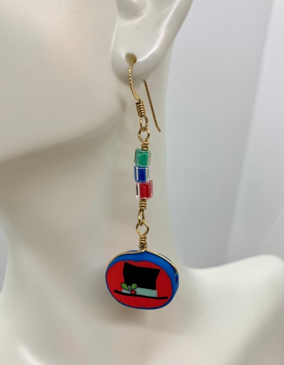 Frosty’s Top Hat Fimo Clay & Glass Earrings