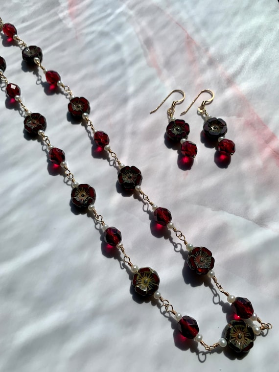 Czechoslovakian Glass & Pearl Necklace Earring Set