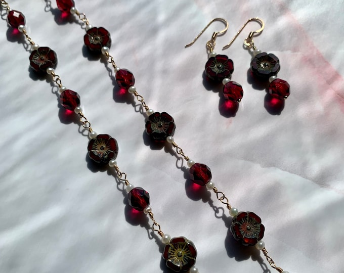 Czechoslovakian Glass & Pearl Necklace Earring Set
