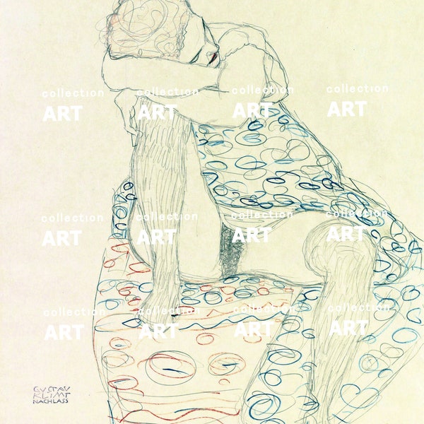 Gustav Klimt Figure assise avec jupe rassemblée, chef-d'œuvre d'art mural, impression haute résolution, reproduction d'art, décoration murale de maison