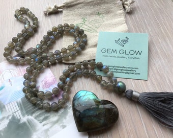 Mala Beads | Labradorite Mala | Grey Mala Beads Necklace | Cotton Tassel | 108 Beads Mala