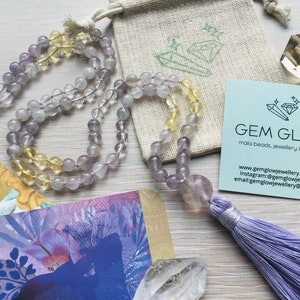 Mala Beads | Pale Amethyst, Citrine & Clear Quartz Mala Beads Necklace  | 108 Beads Mala