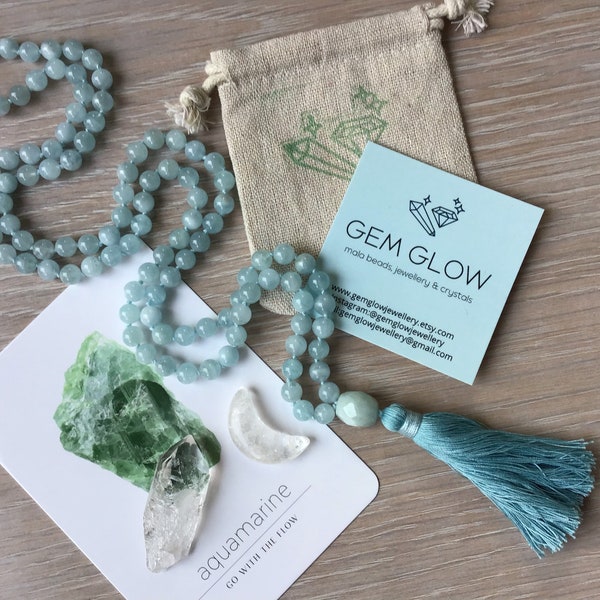 Mala | Aquamarine Mala Necklace | Aquamarine Mala Beads Necklace | Blue Cotton Tassel | 108 Beads Mala