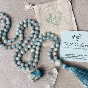 Mala Beads | Aquamarine Mala Necklace | Aquamarine Mala Beads Necklace | Blue Cotton Tassel | 108 Beads Mala