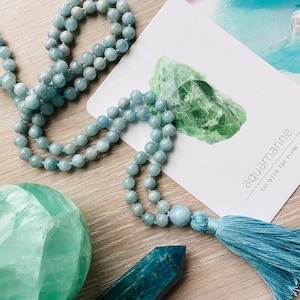 Mala | Aquamarine Mala Necklace | Aquamarine Mala Beads Necklace | Blue Cotton Tassel | 108 Beads Mala