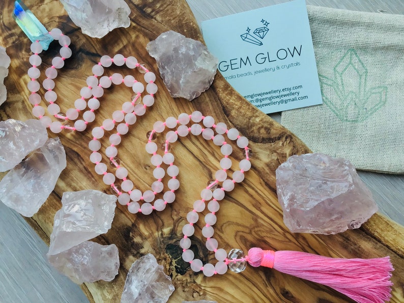 Rose Quartz Mystic Quartz and Clear Quartz Mala Rose Quartz Mala Beads Necklace Mala Beads