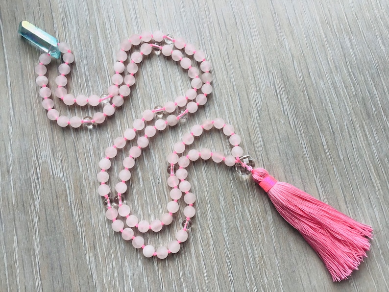 Rose Quartz Mystic Quartz and Clear Quartz Mala Rose Quartz Mala Beads Necklace Mala Beads