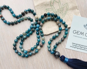 Mala | Apatite Mala Beads | Apatite and Tourmalinated Quartz Mala Beads Necklace | Navy Blue Cotton Tassel | 108 Beads Mala