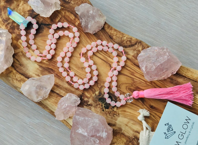 Rose Quartz Mystic Quartz and Clear Quartz Mala Rose Quartz Mala Beads Necklace Mala Beads
