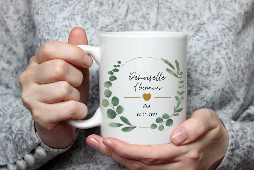 Mug Mariage Eucalyptus Demoiselle d'honneur Personnalisé Initiales Date