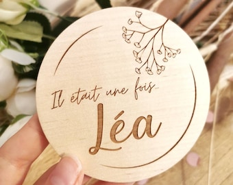 Wooden birth announcement card with name, welcome, once upon a time