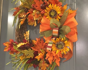 Fall wreath, Autumn Wreath, Sunflower wreath, Door wreath, Fall door decor