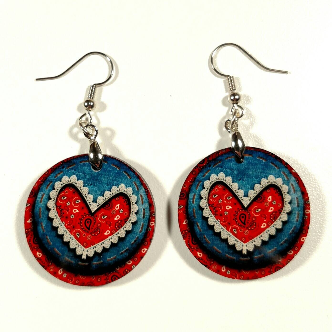 Red Bandana & Jean Heart Earrings Round Double Sided Etsy