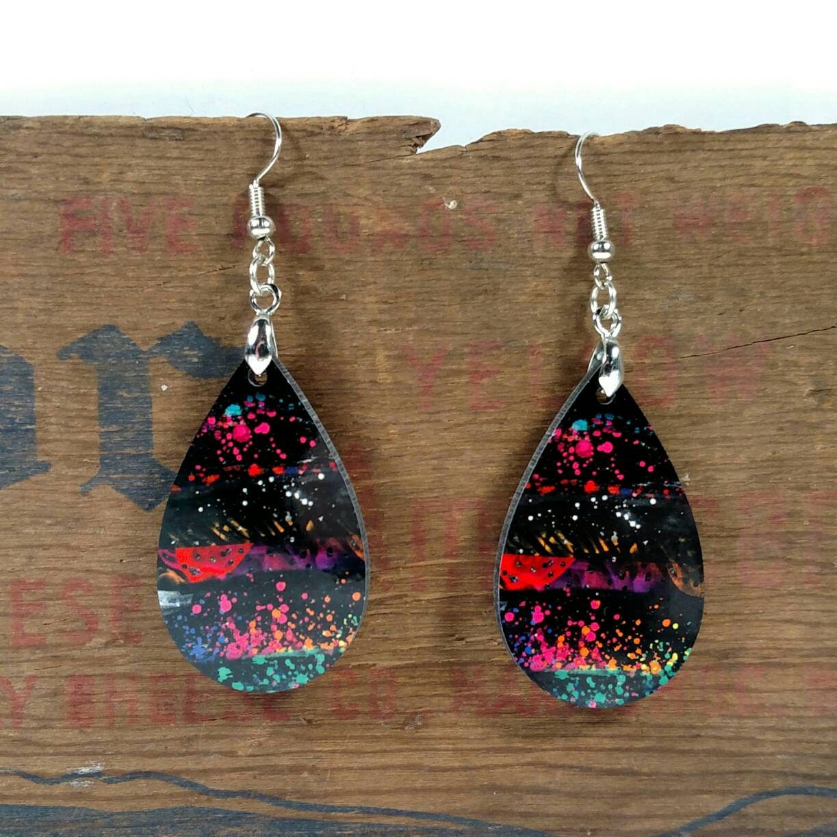 Neon Paint Splatter Teardrop Earrings Floral Double Sided | Etsy