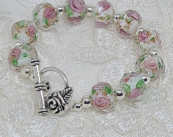 White and Pink floral beaded bracelet