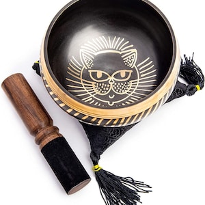 Tibetan Singing bowl Set - Easy To Play Cat Design Meditation Mindful 7 Chakra Sound Healing Handcrated Gift By HIMALAYAN BAZAAR