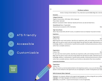May include: A resume template with a blue gradient background. The template includes sections for education, experience, and skills. The design is labeled "ATS Friendly," "Accessible," and "Customizable." A blue pencil graphic is in the lower right corner.