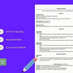 Peut inclure: Un modèle de CV avec un fond violet et du texte blanc. Le modèle comprend des sections pour l'éducation, l'expérience et les compétences. Les mots "ATS Friendly", "Accessible" et "Customizable" sont affichés. Un crayon bleu est dans le coin inférieur droit.